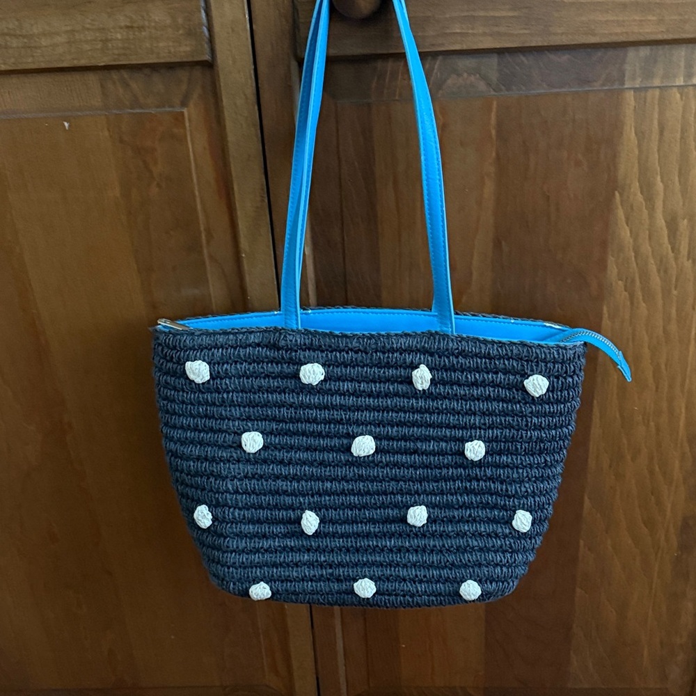 Talbots Navy Blue and White Polka Dot straw bag